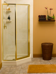 acrylic base in a corner shower with framed shower doors 