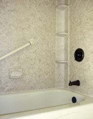 grab bar, corner caddy and soap dish on acrylic walls 