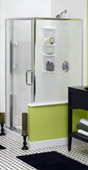 framed shower door with a 4 shelf acrylic corner caddy 