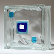 blue color glass tiles on a glass block in an obscure pattern