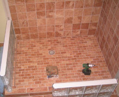in process glass block shower wall installation 