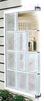 cross section view of a vinyl framed glass block window in an obscure pattern 