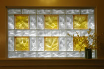 Glass block window using 4 x 8 and 8 x 8 colored units 