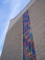 church windows with colored glass blocks