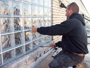 installation of multiple glass block sections 