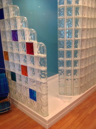 random colored glass blocks in a 72 x 51 acrylic shower base 