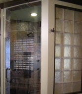 cinnamon colored glass blocks used in a shower wall insert for bathtastik DIY show
