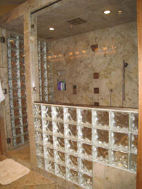 clear glass wall being combined with a glass block system