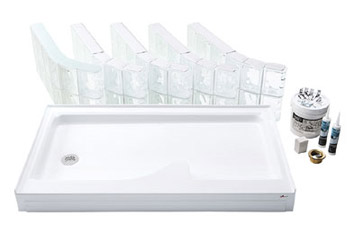 premade shower kit using a curved glass block wall and a 60 x 34 acryic white shower base 