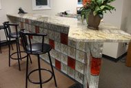 red colored glass blocks in a sales counter in a commercial building