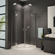 Fleurco corner shower base with sliding curved glass doors cleveland