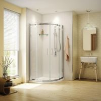 Round corner sliding glass doors with a contemporary reinforced acrylic shower pan - AP Collection by Innovate Building Solutions 