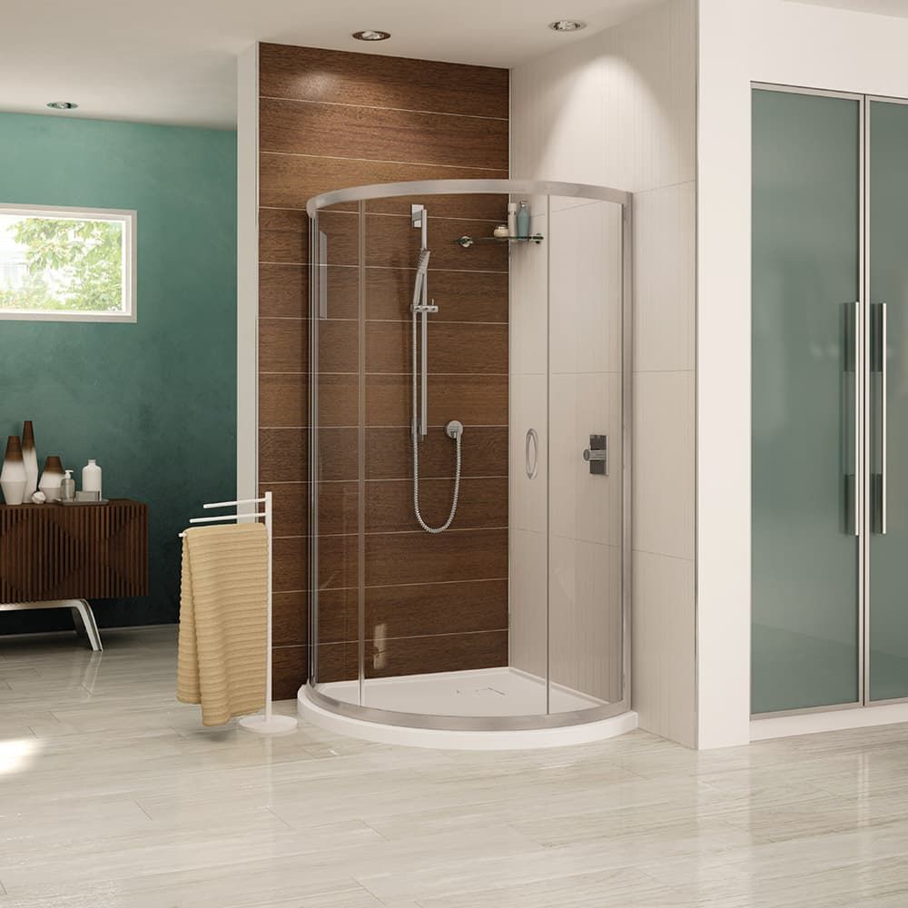 Sliding corner shower with a brushed nickel finish and low profile shower pan CAP Collection 36" round 