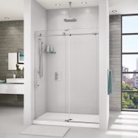 Sliding glass alcove shower door in a brushed stainless finish - K2 Collection by Innovate Building Solutions 
