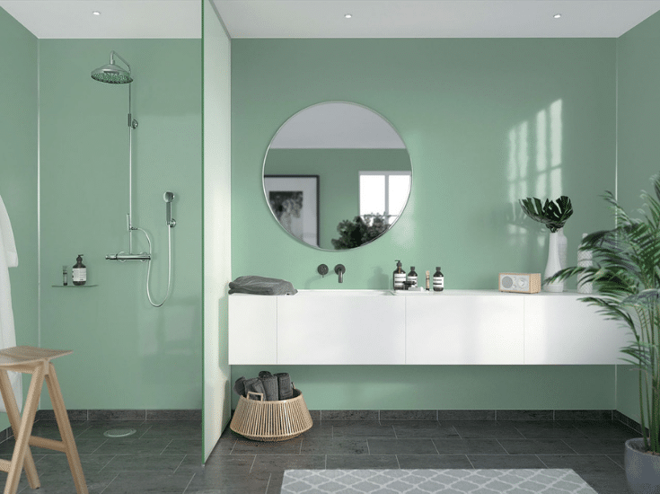 Glass green high gloss shower wall panels | Innovate Building Solutions | Innovate Builders Blog | #HighGlossPanels #ShowerPanels #LaminateWallPanels