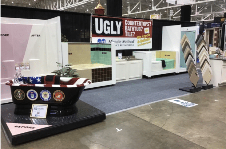 Before and after remodeling show display of shower wall and tub refinishing | Innovate Building Solutions | Innovate Builders Blog | #TradeShow #TradeShowBooths #Events #RemodelingEvents