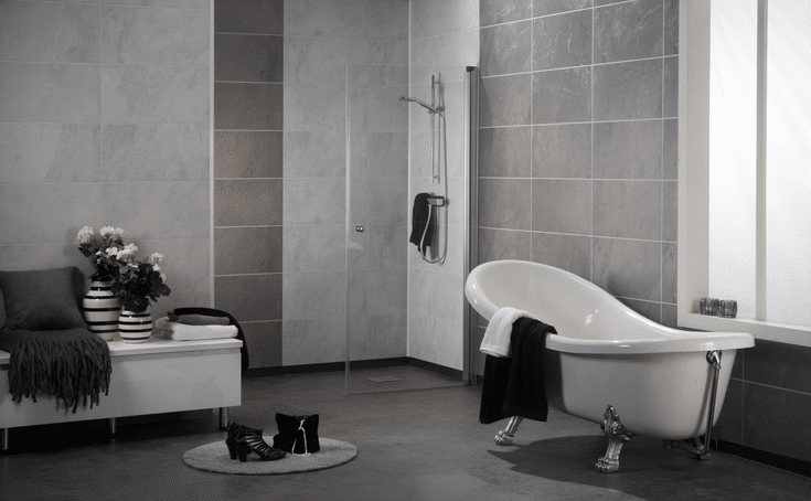 3D textured stone tile laminate bath and shower panels | Innovate Building Solutions | Innovate Builders Blog | #ShowerPanels #3DTexturedStone #TIleShower #TIleAlternative