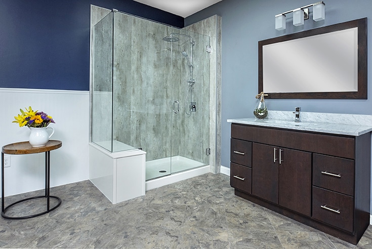 Cracked cement laminate wall panels simple bath columbus | Innovate Building Solutions | Innovate Builders Blog | Simple Bath | #SimpleBath #FiboWallPanels #Laminatewallpanels #ColumbusBathroom