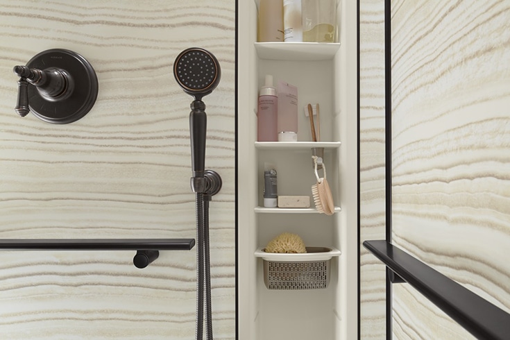 Removable adjustable shelves in a shower wall panel system | Innovate Building Solutions | Innovate Builders Blog | #SoupHolder #ShowerNiches #CornerShelf #ShampooHolder