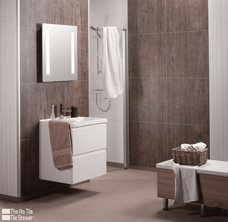 Rough wood laminate bathroom wall panels for a tile alternative | Innovate Building Solutions | Innovate Builders Blog | #LaminateWallPanels #ModernFarmhouse #TileAlternative #CleaningTile