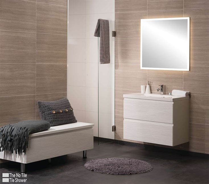 Marina gray oak bathroom wall panels look like tile and wood | Innovate Builders Blog | Innovate Building Solutions | #bathroomWallpanels #TileLook #ShowerDesign #FIBO
