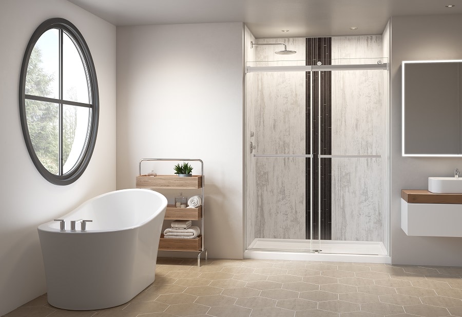 Reason 4 high style shower wall panels for remodelers Innovate Building Solutions #BathroomRemodel #LaminateWallPanels #NoGroutShowerWalls