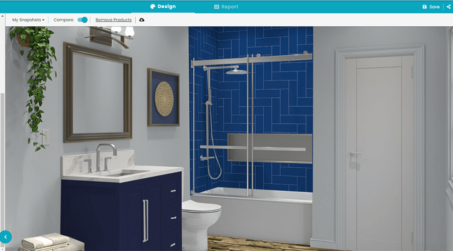 Benefit 5 blue herringbone bathtub surround panel selection in a bathroom visualizer | Bathroom ideas | Blue bathroom design | shower ideas