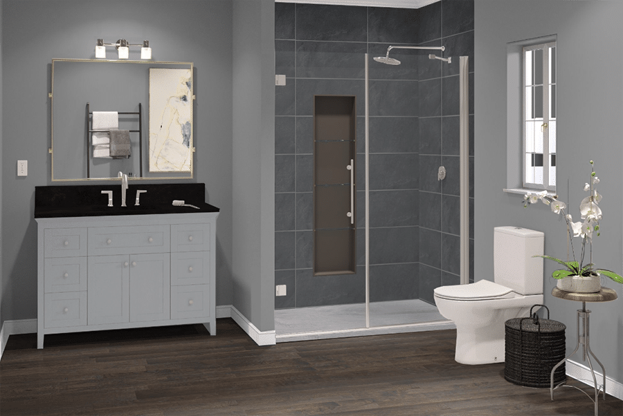 Benefit 8 Black textured slate laminate wall panels driftwood base in shower visualizer | bathroom design ideas | Shower remodeling | bathroom Visualizer | Design your bath