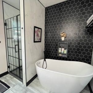 Black hexagon and bianco marble 24x24 bathroom remodeling ideas | Bathroom Product Dealers