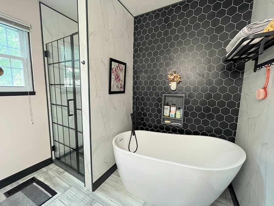 Section 7 black hexagon and bianco marble patterns - Innovate Building Solutions, Tile Alternative Options, Modern Shower Needs, Shower Wall Panel Options, Bathroom Remodeling Renovations