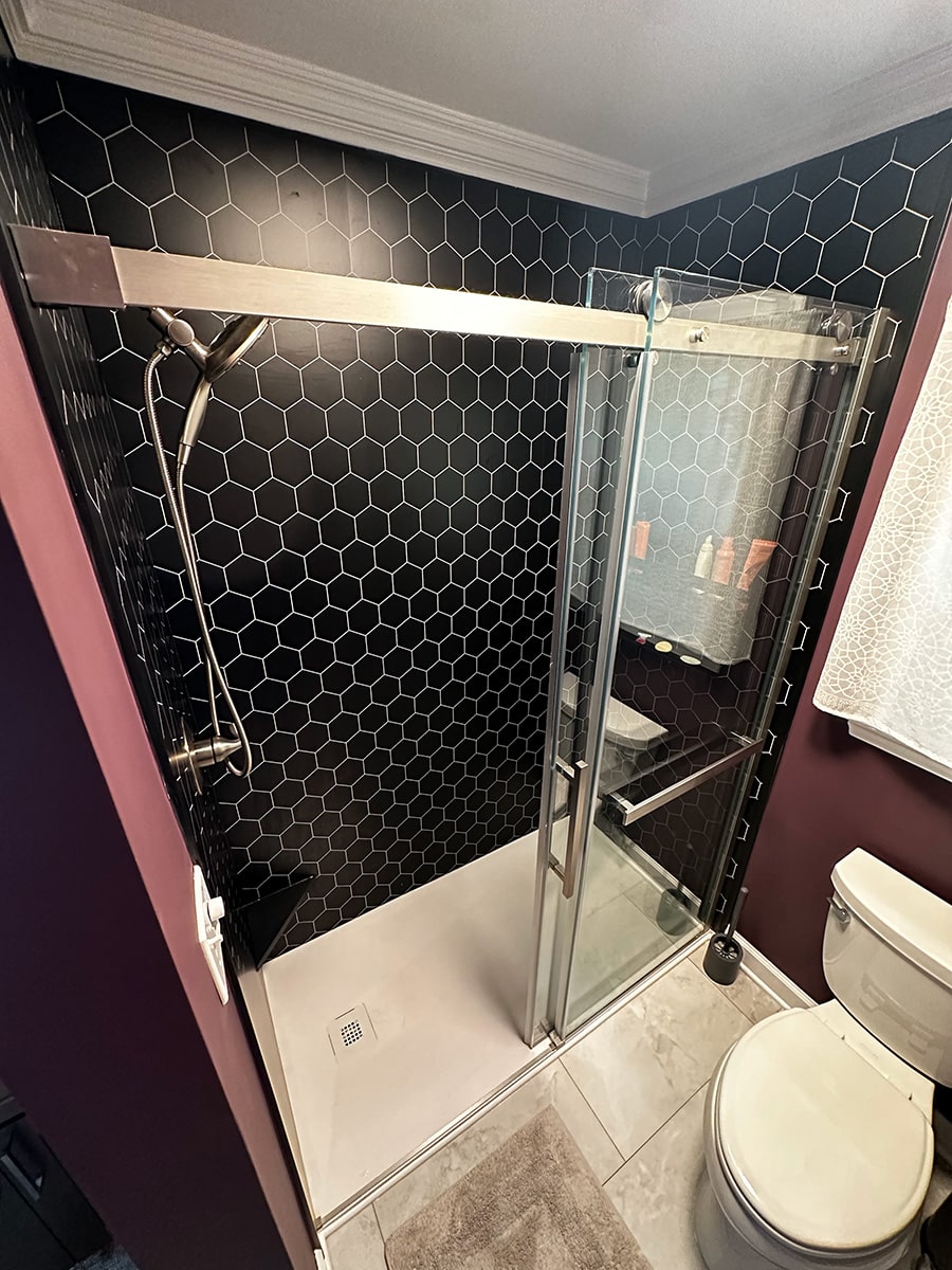 5 - complete shower replacement kit black hexagon wall panels - Innovate Building Solutions, Innovate Builders Blog, Shower Wall Panel Options, Bathroom Shower Renovations, Walk In Shower Remodel Products