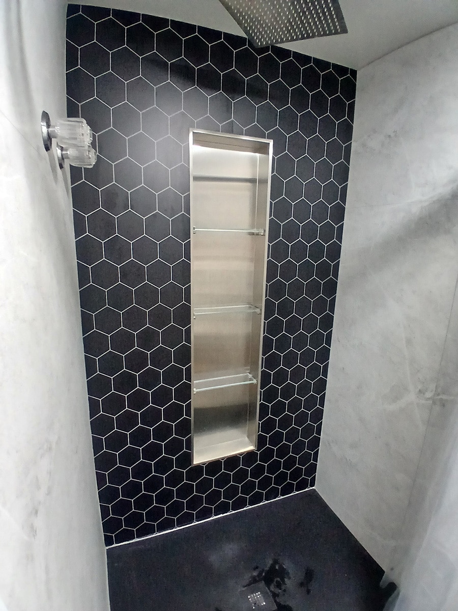 Reason 7 vertical niche in upgraded laminate wall panels - Innovate Building Solutions, Custom Shower Accessories, Walk In Shower Accessories, Bathroom Renovation Products, Custom Bathroom Shower Products