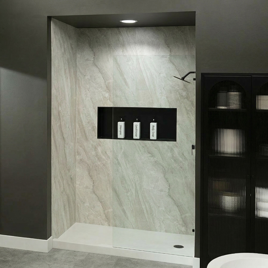 Section 1 - what are rigid PVC shower surrounds Black niche with Crema Marfil - Innovate Building Solutions, Rigid PVC Panels, Tile Alternative Options, Modern Bathroom Showers, Shower Remodeling Project