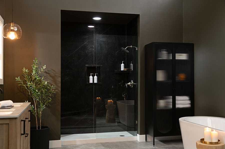Section 3 criterion 7 - finish flexibility Nero Marquina high gloss shower panels - Innovate Building Solutions, Walk In Bathroom Shower, Beautiful Finish Shower, Shower Wall Panel Options, Bathroom Remodeling Projects