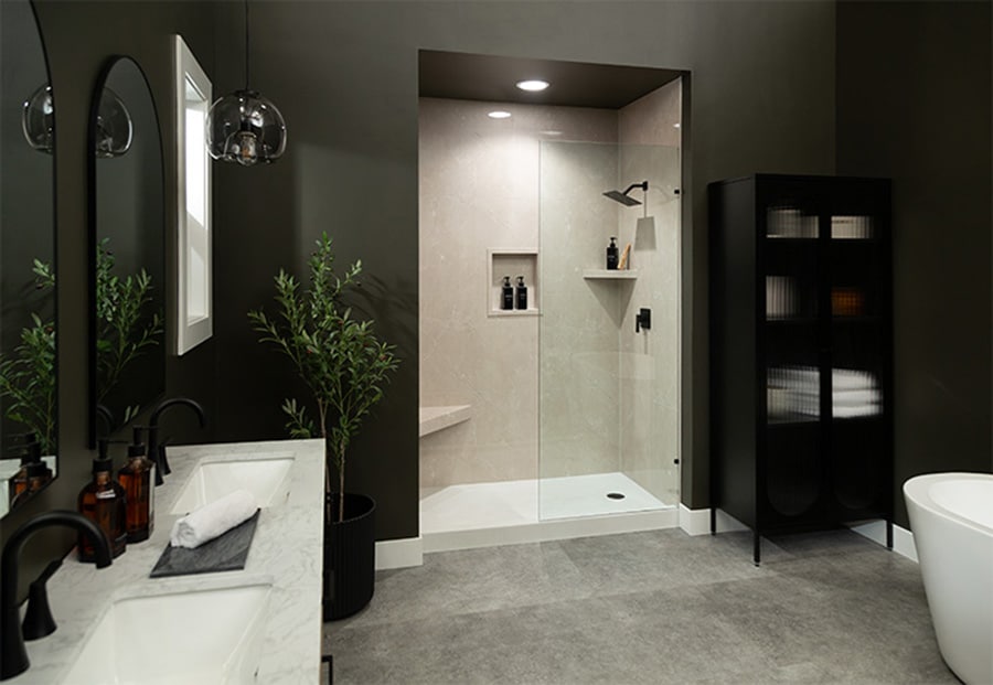 Criterion 1 PanelPro Tuscany Sand shower surround panels - Innovate Building Solutions, Bathroom Remodeling Contractors, Shower Wall Panel Options, Tile Alternative Options, Affordable Renovation Products