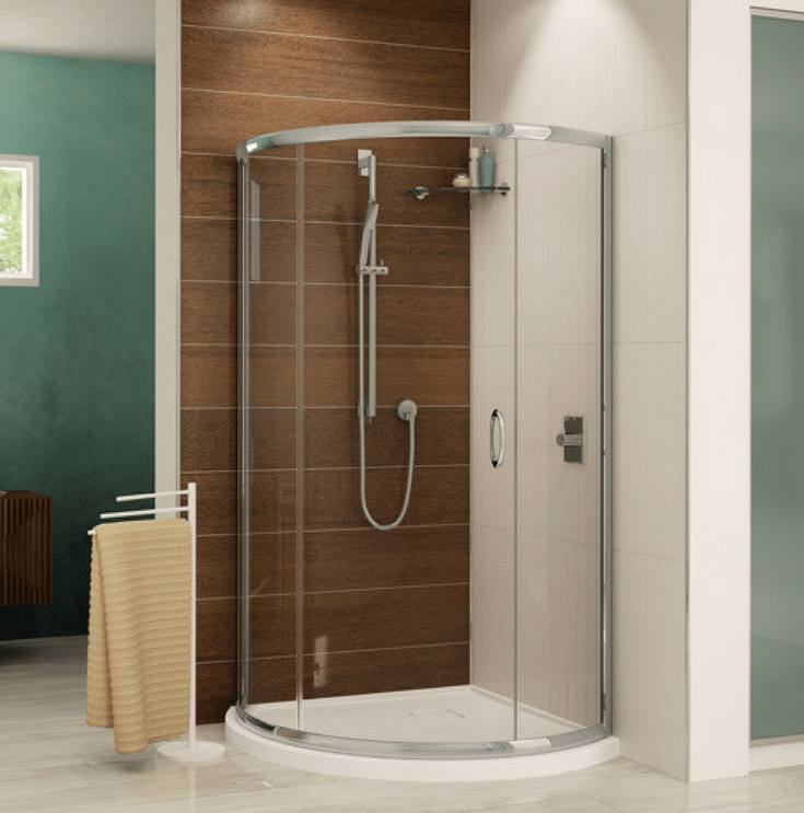 Contemporary round acrylic corner shower pan | Innovate Building Solutions | Innovate Building Solutions Multi Unit | #AcrylicBase #ContemporaryBase #ShowerPan