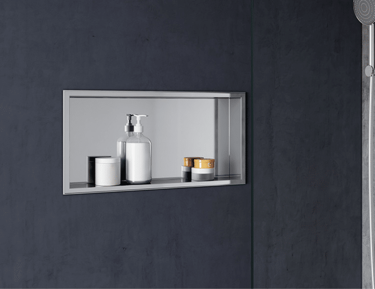 Contemporary aluminum niche in a tile shower | Innovate Building Solutions | Innovate Building Solutions Multi Unit | #ContemporaryBathroom #SoupHolder #BathroomSoupHolder #ShowerHolder