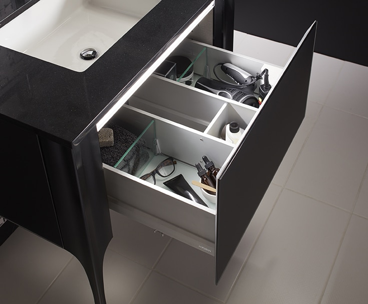 Organized vanity drawer compartments luxury senior living | Innovate Building Solutions | Senior Housing | #Makeupdrawer #SeniorLiving #AssistantLiving