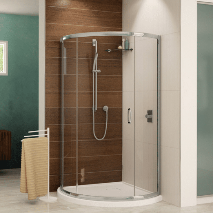 Low profile contemporary white reinforced corner acrylic shower base | Innovate Building Solutions | Multi Unit | Modular Homes | #lowprofileshower #Acrylicshowerbase #contemporaryshower