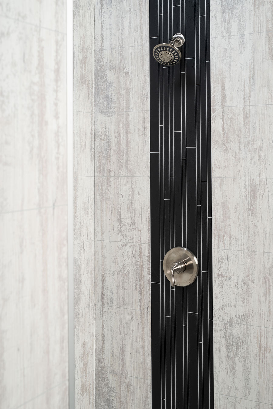 Matte finish laminate shower wall panels antique gray and black accent | Innovate Building Solutions | #WallPanels #ShowerPanels #LaminateWallPanels 