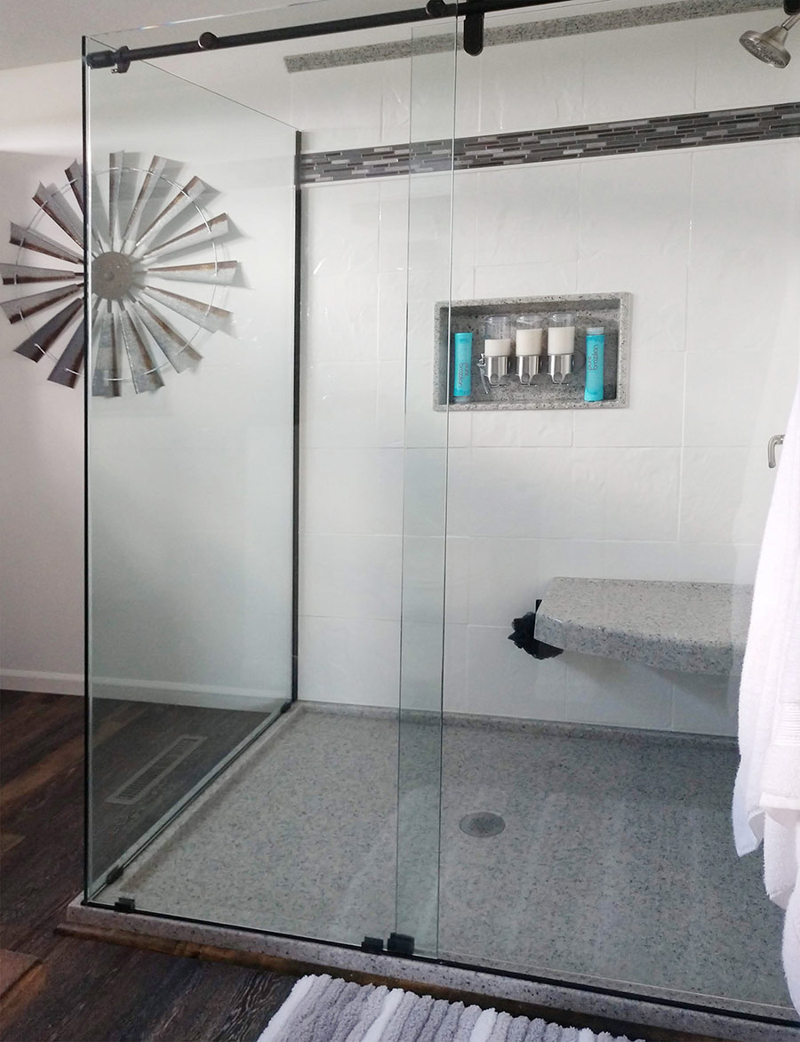 solid surface cultured granite shower wall panel prices | Innovate Building Solutions | #CulturedStone #SolidSurface #VacationHomes #ShowerSystem