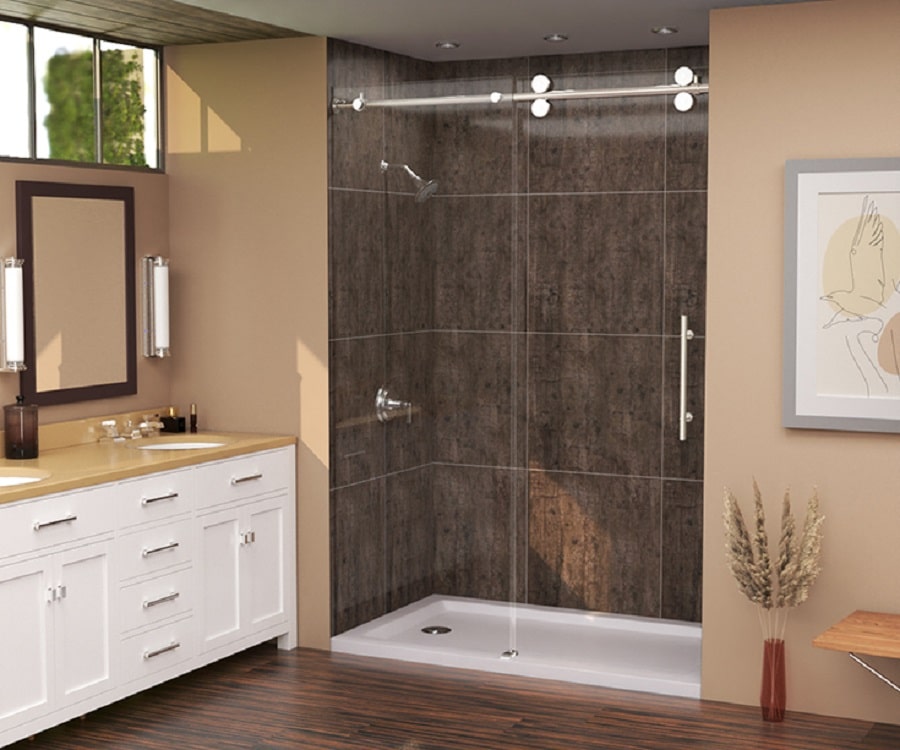Criterion 2 rough wood laminate shower panels in an upscale hotel room | Innovate Building Solutions #RoughWoodShowerWallPanels #LaminateShowerWalls #ShowerRemodel