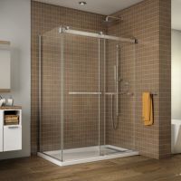 Corner shower pan with a side linear drain and sliding glass doors 60 x 32 size - Innovate Building Solutions 