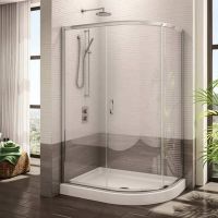 Rounded 48 x 36 acrylic shower pan for a corner shower with curved sliding doors - Innovate Building Solutions 