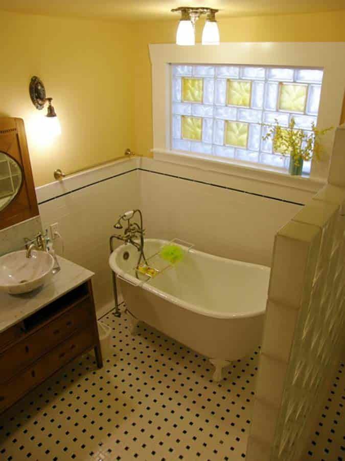 High privacy yellow color glass block bathroom window in a vintage  style bathroom with 8 x 8 and 4 x 8 sizes Parma Ohio - The Bath Doctor and Cleveland Glass Block 