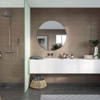 Single floor bathroom and shower in an accessible bathroom with marina gray oak shower pans - The Bath Doctor Cleveland 