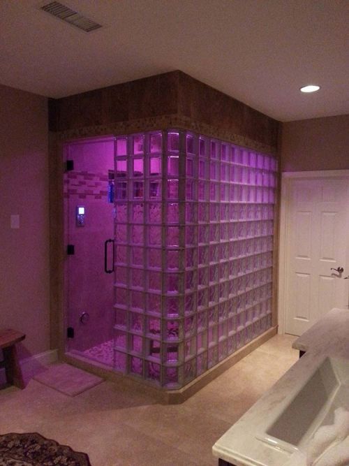 Glass block steam shower with LED lights - Innovate Building Solutions 