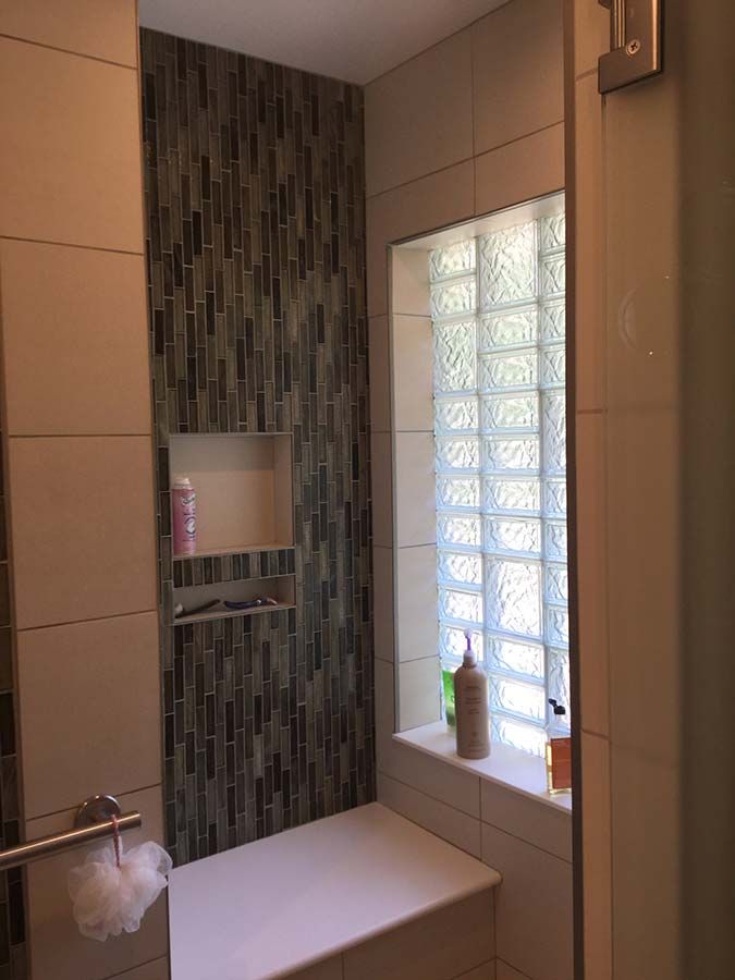4 x 8 iceberg pattern glass blocks in a shower window in an upscale tile shower - Innovate Building Solutions 