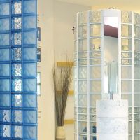 Blue frosted and wave blue colored glass block wall in a one level bathroom - Innovate Building Solutions 