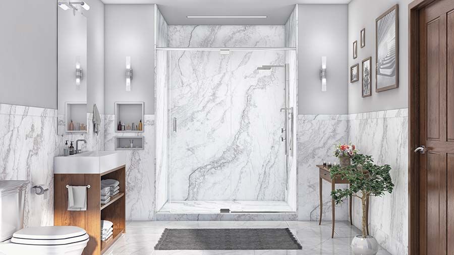 Low profile shower with PVC wall panels for easy maintenance - The Bath Doctor Rocky River Ohio 